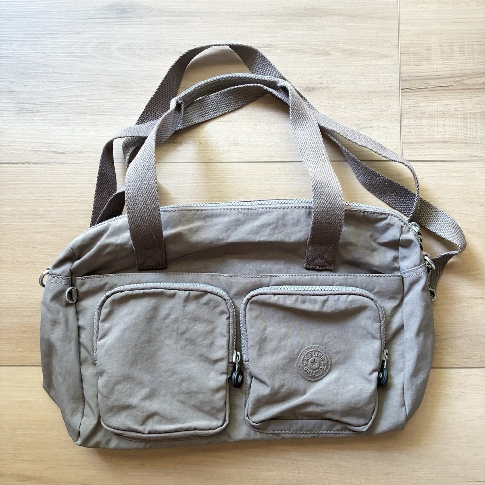 Kipling Cyrene Nylon Front Pocket Satchel Crossbody Duffel Bag Taupe Stone Brown